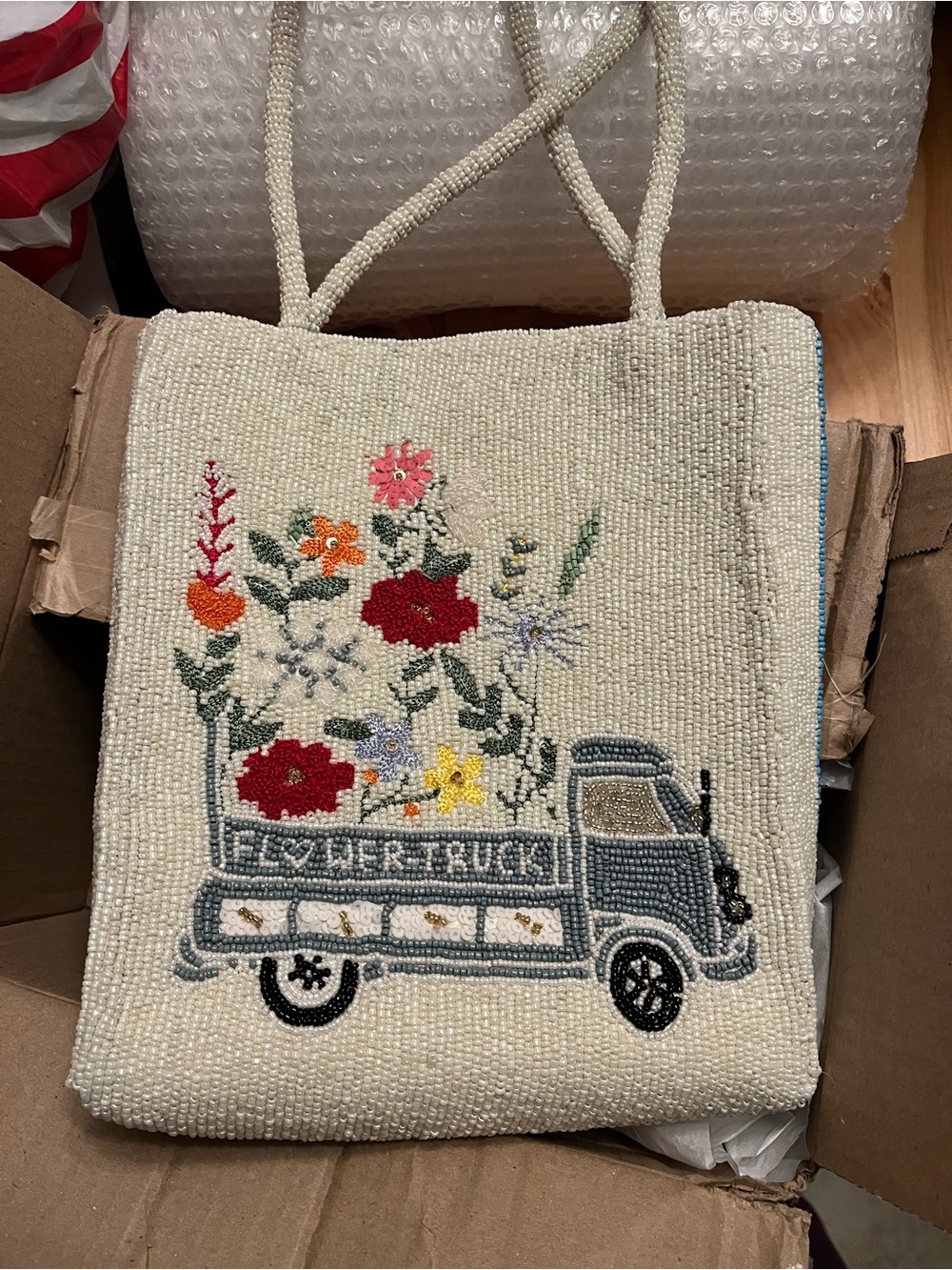 Beaded Floral Truck Tote Bag in Cream with Multi-Color Flowers